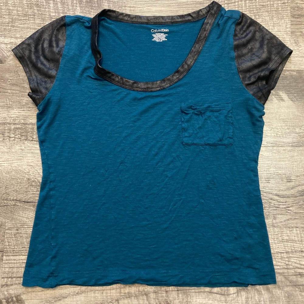Calvin Klein Scoop Neck Shirt with Faux Leather Sleeves